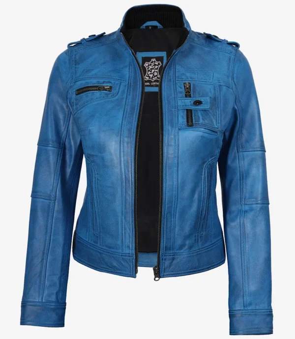 Women's Blue Waxed Lambskin Leather Biker Style Jacket
