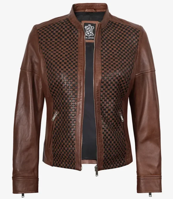 Womens Brown Textured Leather Biker Style Jacket