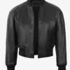 Womens Drop Shoulder Black Bomber Leather Jacket - Cropped Style