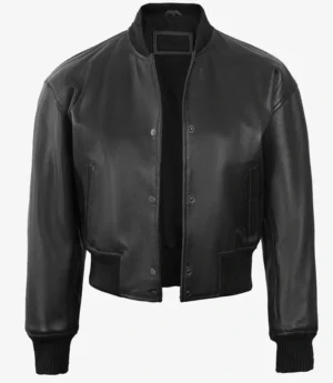 Womens Drop Shoulder Black Bomber Leather Jacket - Cropped Style