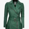 Womens Green Belted Biker Style Leather Jacket