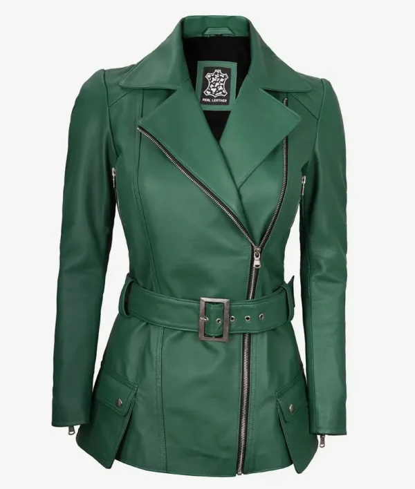 Womens Green Belted Biker Style Leather Jacket