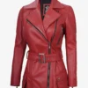 Womens Red Belted Biker Style Leather Jacket