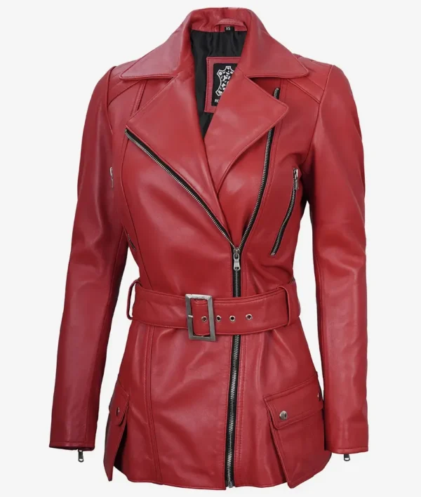 Womens Red Belted Biker Style Leather Jacket
