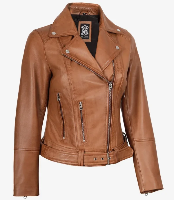 Women's Asymmetrical Biker Style Belted Tan Leather Jacket