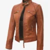 Womens Real Lambskin Leather Tan Quilted Biker Style Jacket