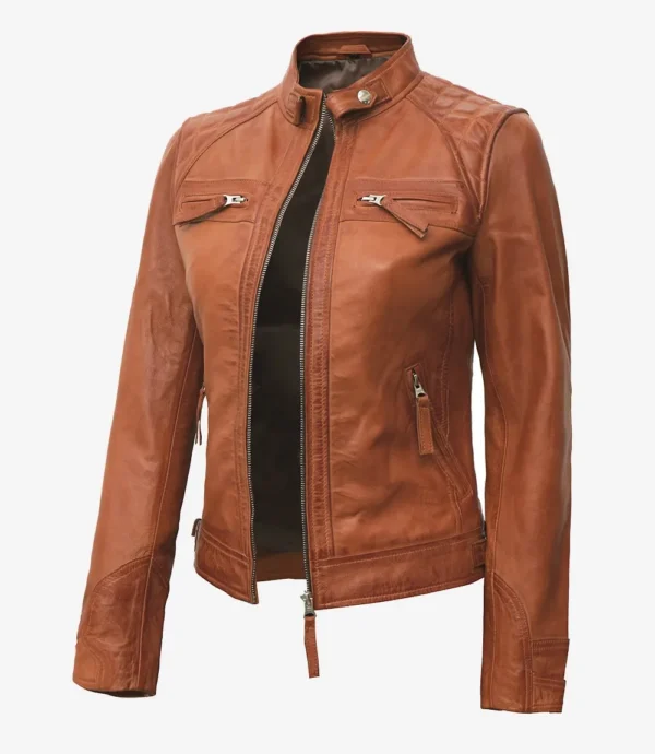 Womens Real Lambskin Leather Tan Quilted Biker Style Jacket