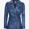 Womens Asymmetrical Blue Belted Biker Style Leather Jacket