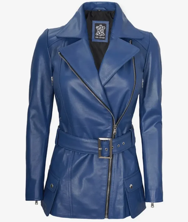 Womens Asymmetrical Blue Belted Biker Style Leather Jacket