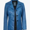 Womens Blue Waxed Leather Coat - Three Button