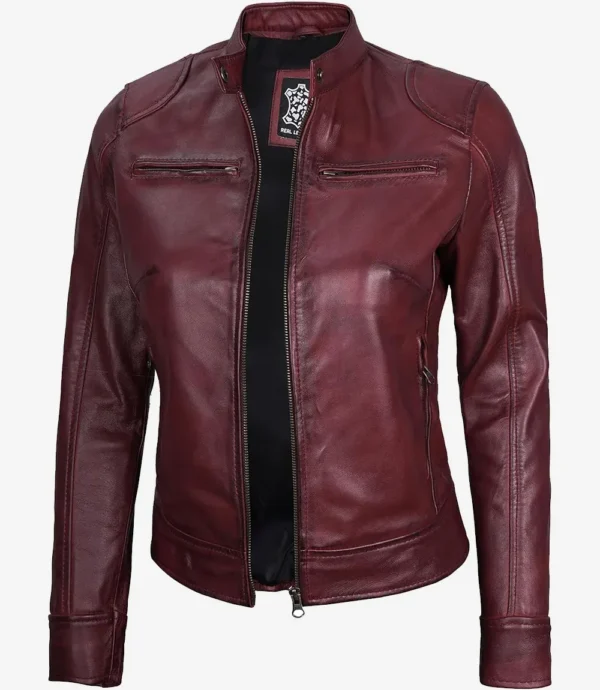Womens Real Leather Burgundy Biker Style Jacket