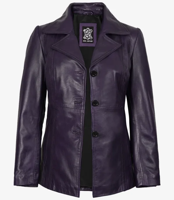 Womens Three Button Purple Leather Blazer