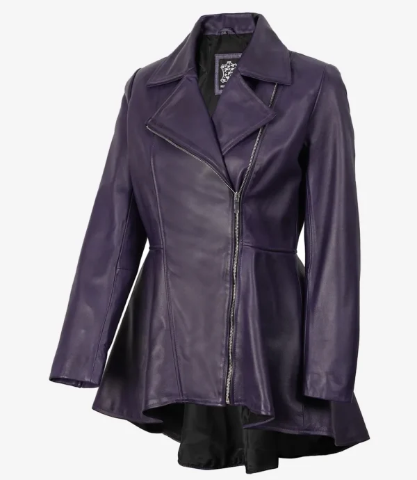 Womens Asymmetrical Purple Leather Peplum Jacket