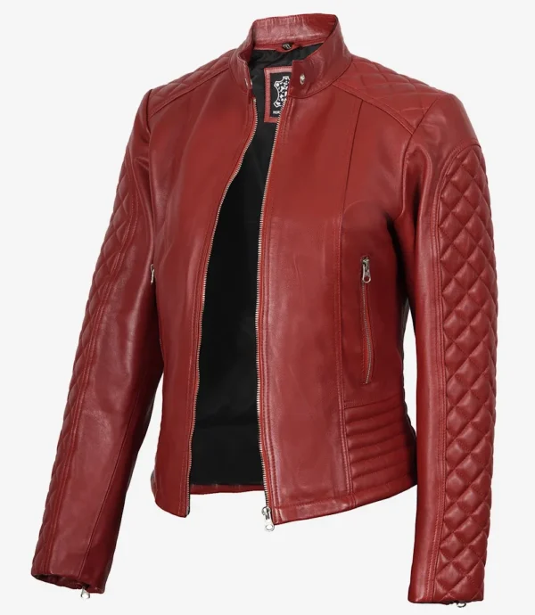 Women's Real Leather Red Quilted Biker Style Jacket