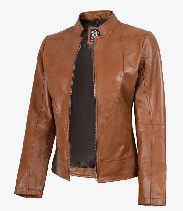 Women's Tan Waxed Slim Fit Biker Style Leather Jacket