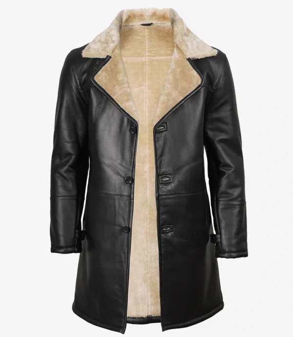 Men's Black 3/4 Length Shearling Leather Coat