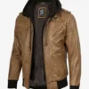 Men's Camel Brown Bomber Leather Jacket (Removable Hood)