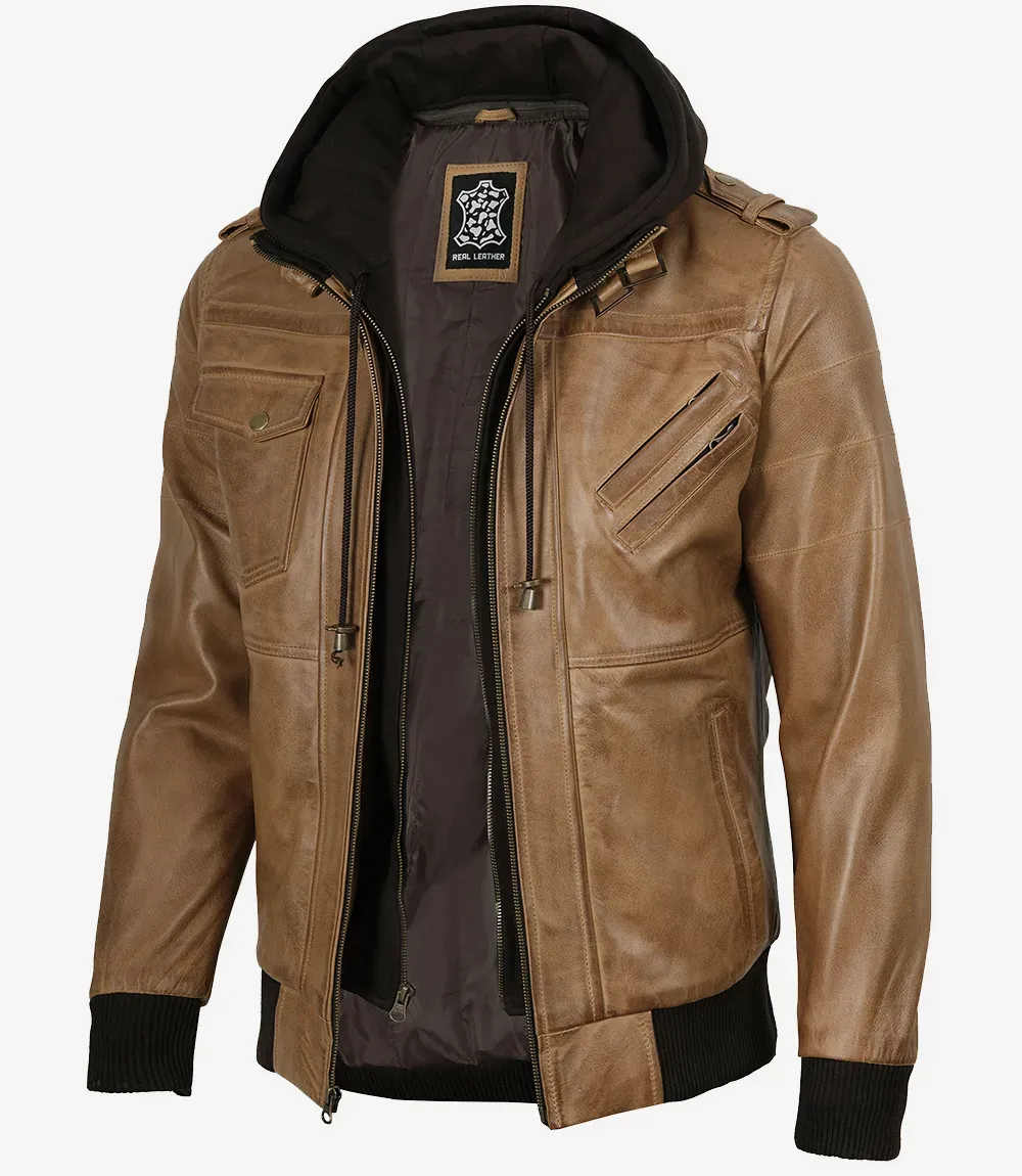 Men's Camel Brown Bomber Leather Jacket (Removable Hood)