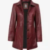 Womens Button Down Burgundy Leather Car Coat