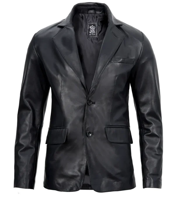 Mens Two Button Notch Lapel Black Leather Blazer
