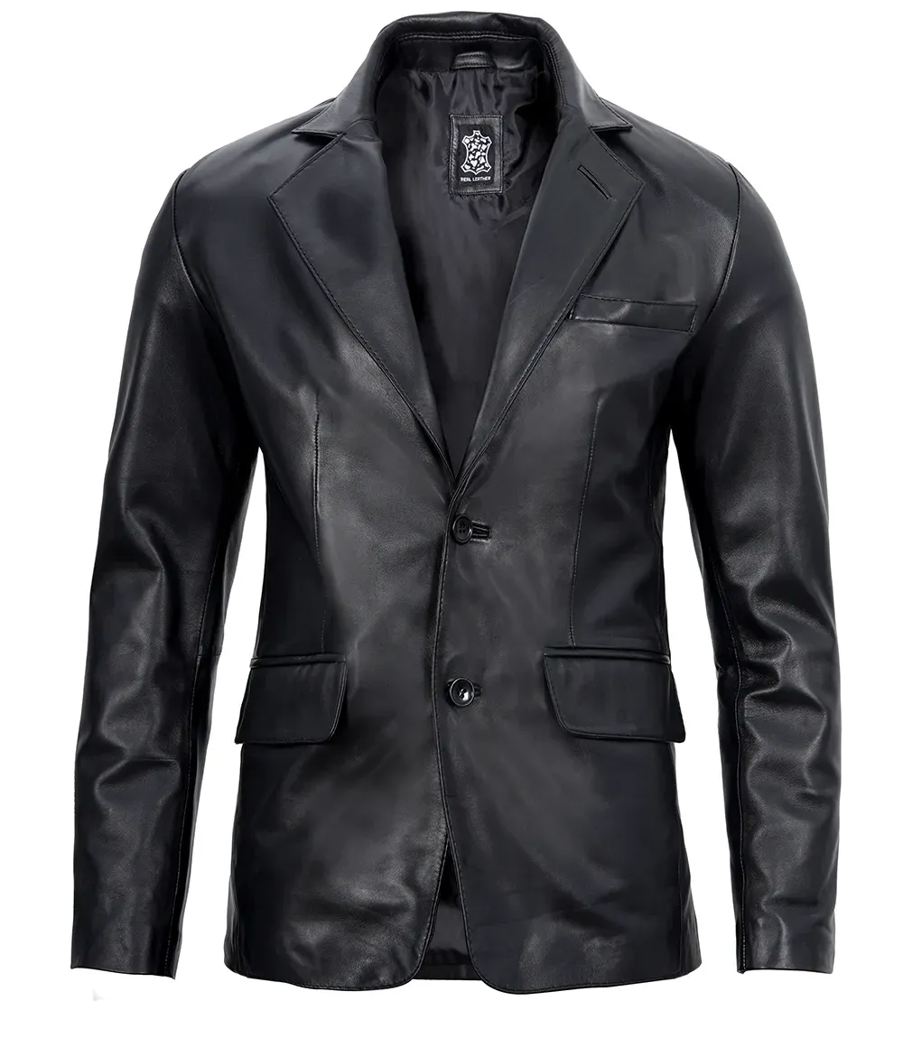 Mens Two Button Notch Lapel Black Leather Blazer Mens Two Button Notch Lapel Black Leather Blazer