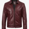 Mens Classic Shirt Collar Burgundy Harrington Leather Jacket