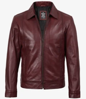 Mens Classic Shirt Collar Burgundy Harrington Leather Jacket