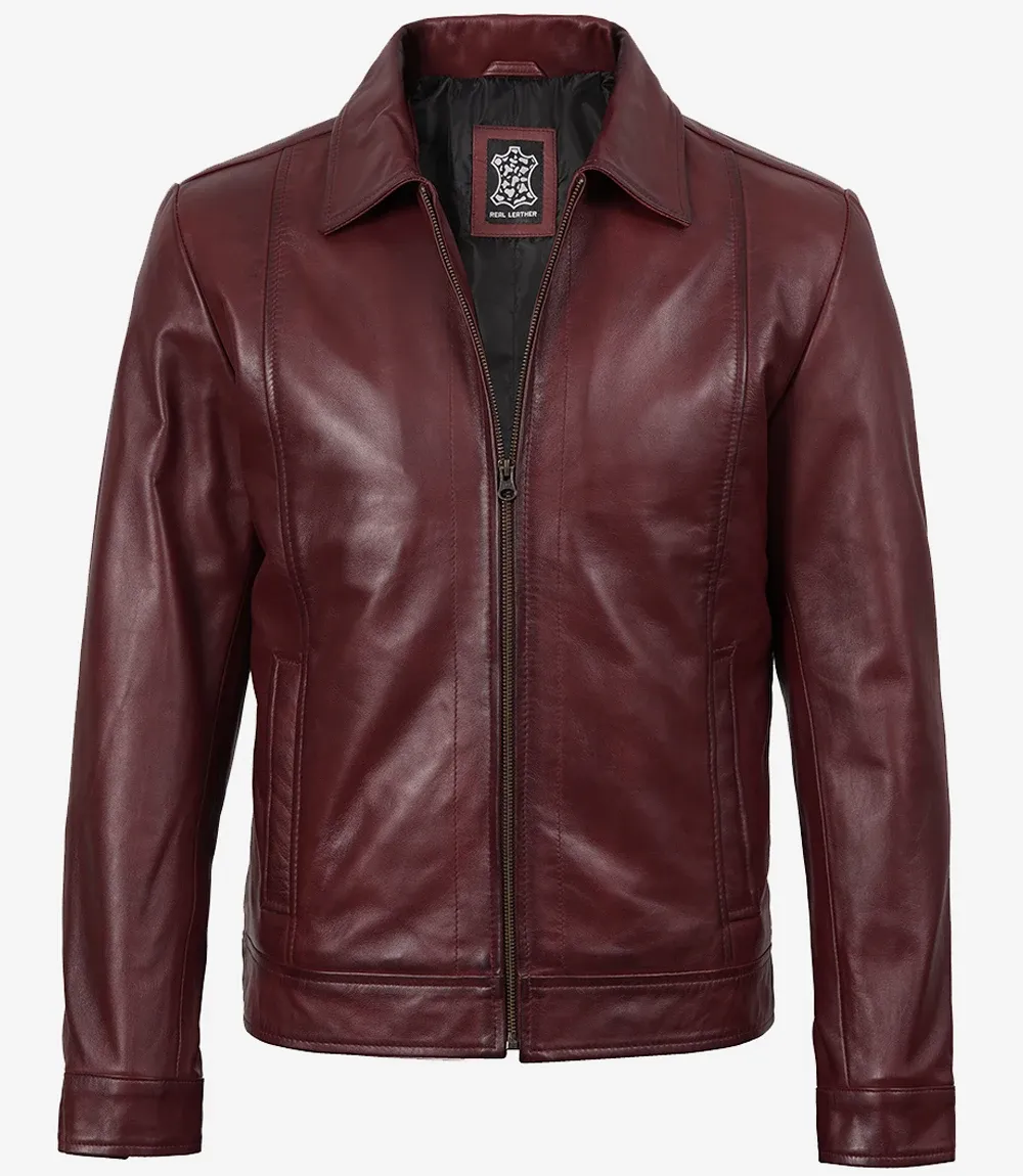 Mens Classic Shirt Collar Burgundy Harrington Leather Jacket Mens Classic Shirt Collar Burgundy Harrington Leather Jacket