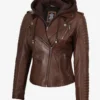 Women's Cognac Biker Style Leather Jacket with Removable Hood
