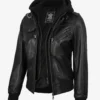 Women's Black Leather Bomber Jacket with Removable Hood