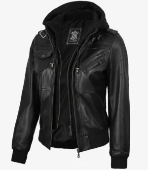 Women's Black Leather Bomber Jacket with Removable Hood