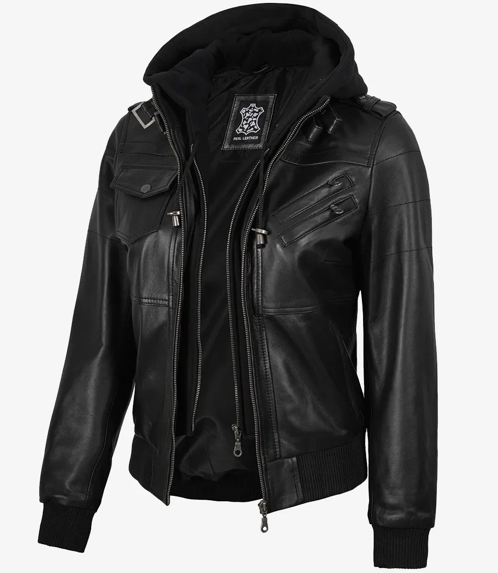 Women's Black Leather Bomber Jacket with Removable Hood