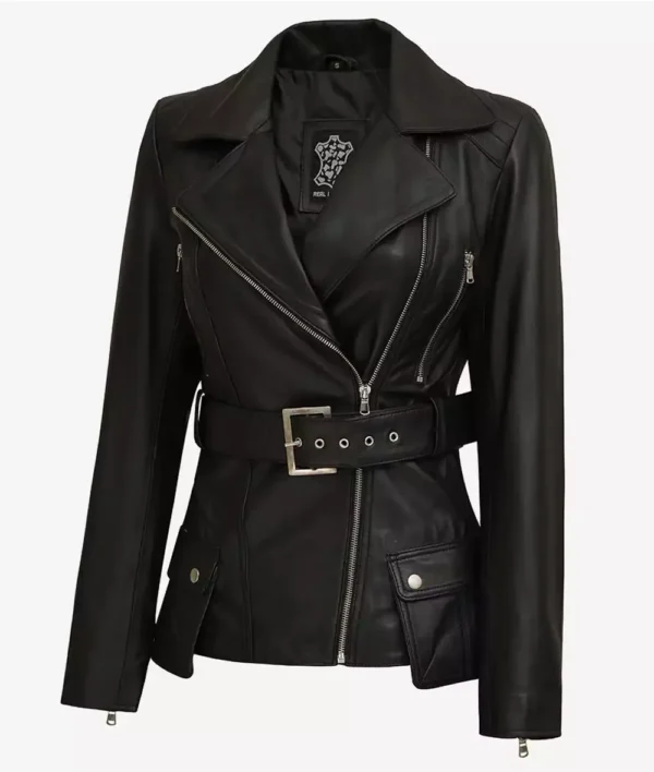 Women's Black Belted Long Biker Style Leather Jacket