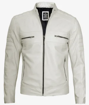Mens Off White Biker Style Leather Jacket