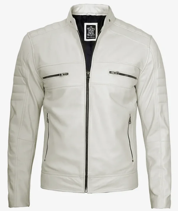 Mens Off White Biker Style Leather Jacket