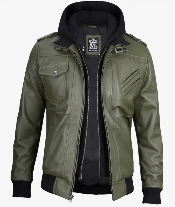 Men's Olive Green Bomber Leather Jacket With Removable Hood