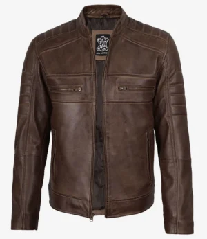 Men’s Coffee Brown Distressed Leather Jacket - Biker Style
