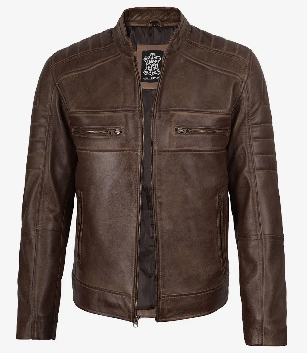 Men’s Coffee Brown Distressed Leather Jacket - Biker Style Men’s Coffee Brown Distressed Leather Jacket - Biker Style