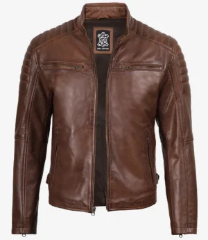 Mens Cognac Waxed Biker Style Leather Jacket