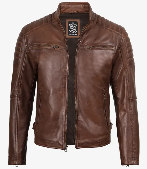 Mens Cognac Waxed Biker Style Leather Jacket