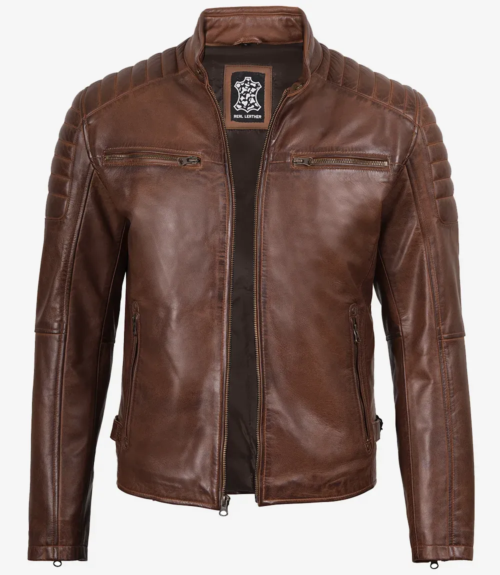 Mens Cognac Waxed Biker Style Leather Jacket Mens Cognac Waxed Biker Style Leather Jacket