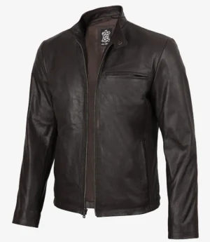Men's Dark Brown Shearling Leather Moto Jacket - Asymmetrical Shearling Lining