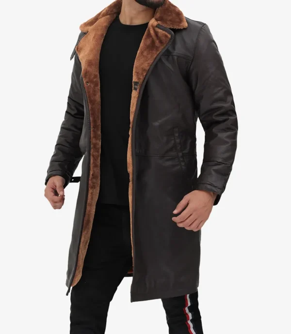 Mens 3/4 Length Dark Brown Leather Shearling Coat