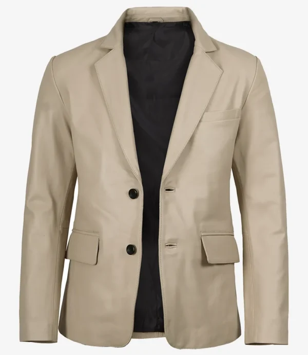 Mens Two Button Beige Leather Blazer - Notch Lapel