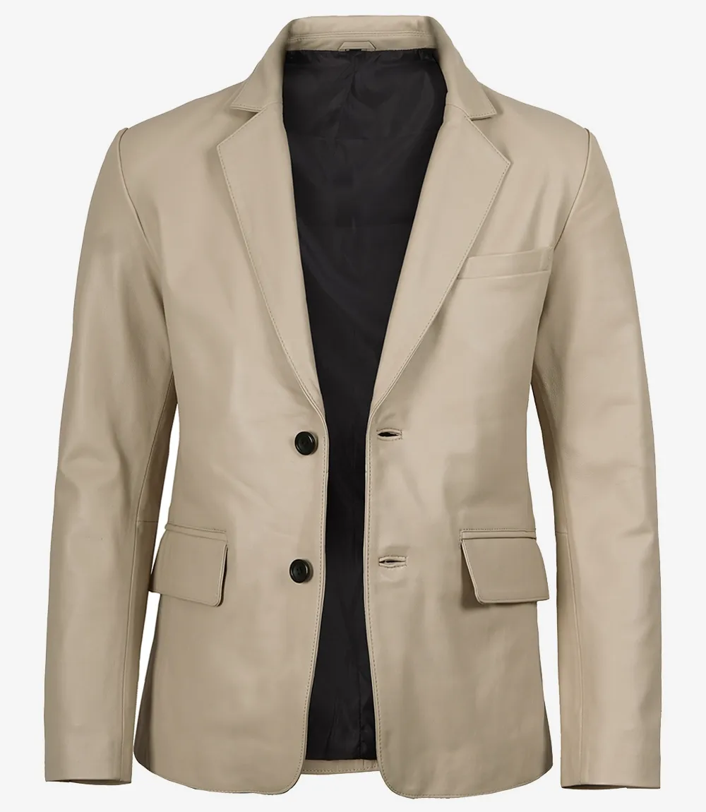 Mens Two Button Beige Leather Blazer - Notch Lapel Mens Two Button Beige Leather Blazer - Notch Lapel