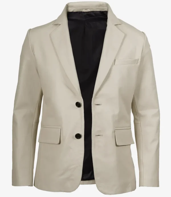 Men's Two Button Notch Lapel Off White Leather Blazer