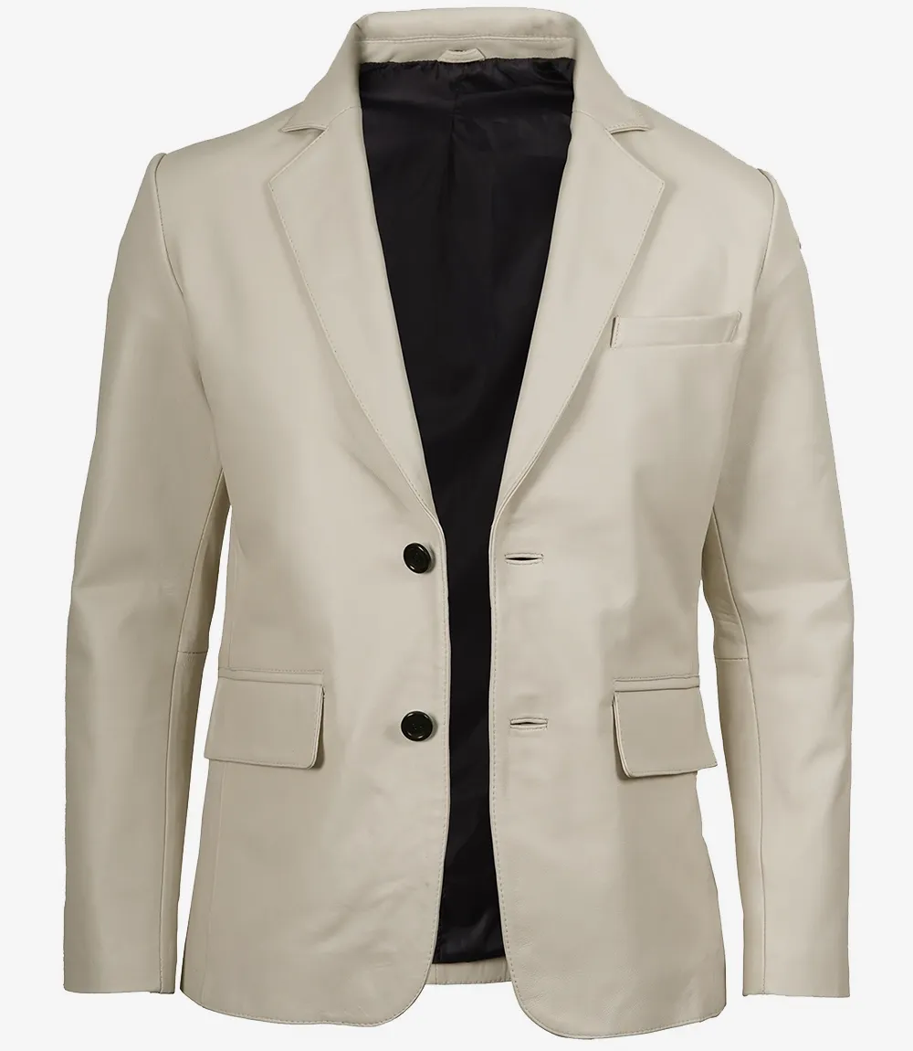 Men's Two Button Notch Lapel Off White Leather Blazer Men's Two Button Notch Lapel Off White Leather Blazer