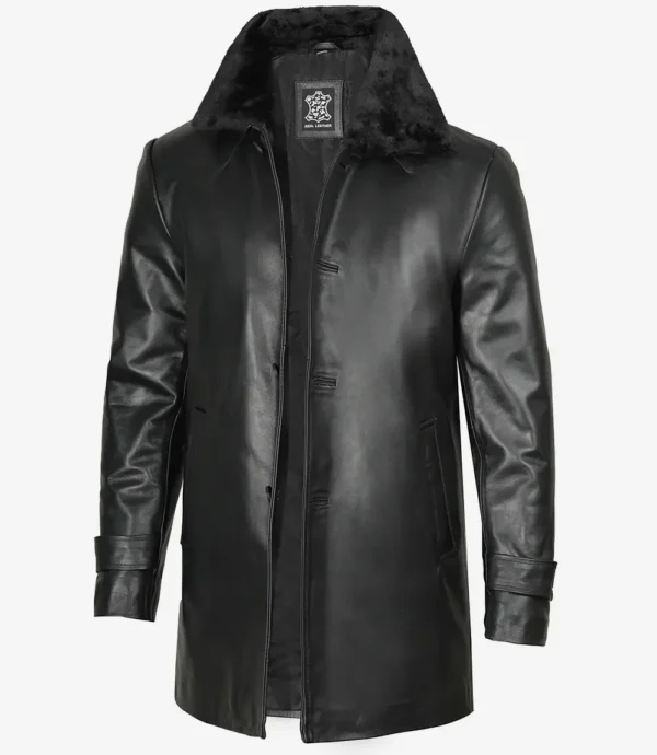 Men's Black Leather 3/4 Length Coat with Fur Collar