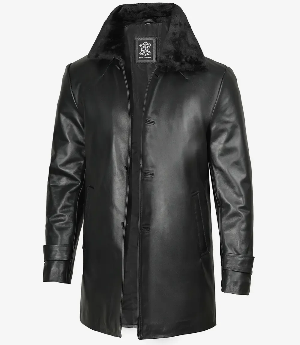 Men's Black Leather 3/4 Length Coat with Fur Collar