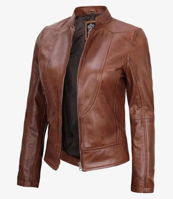 Womens Cognac Leather Biker Style Jacket